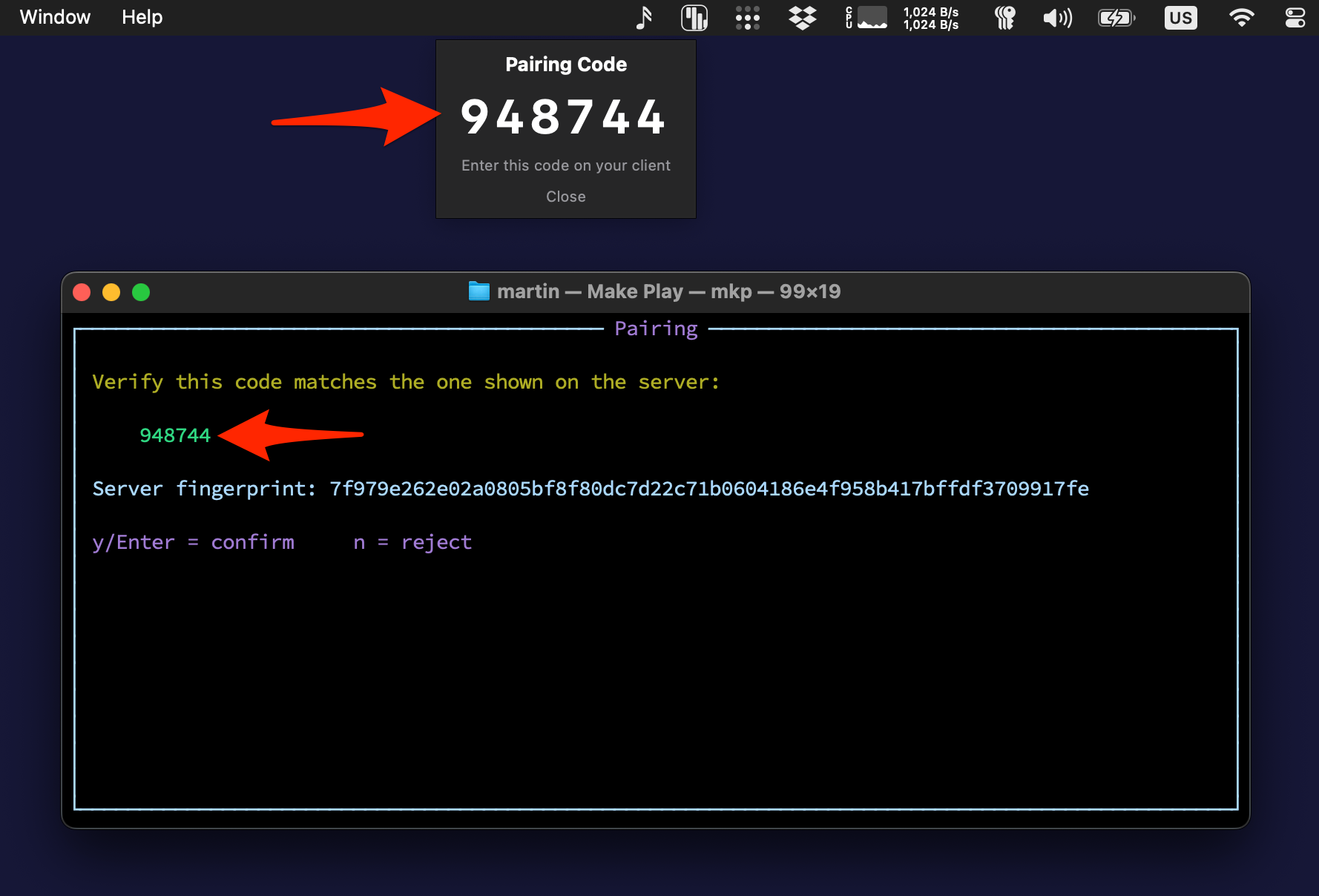 Pairing code shown on the server and confirmed in the client