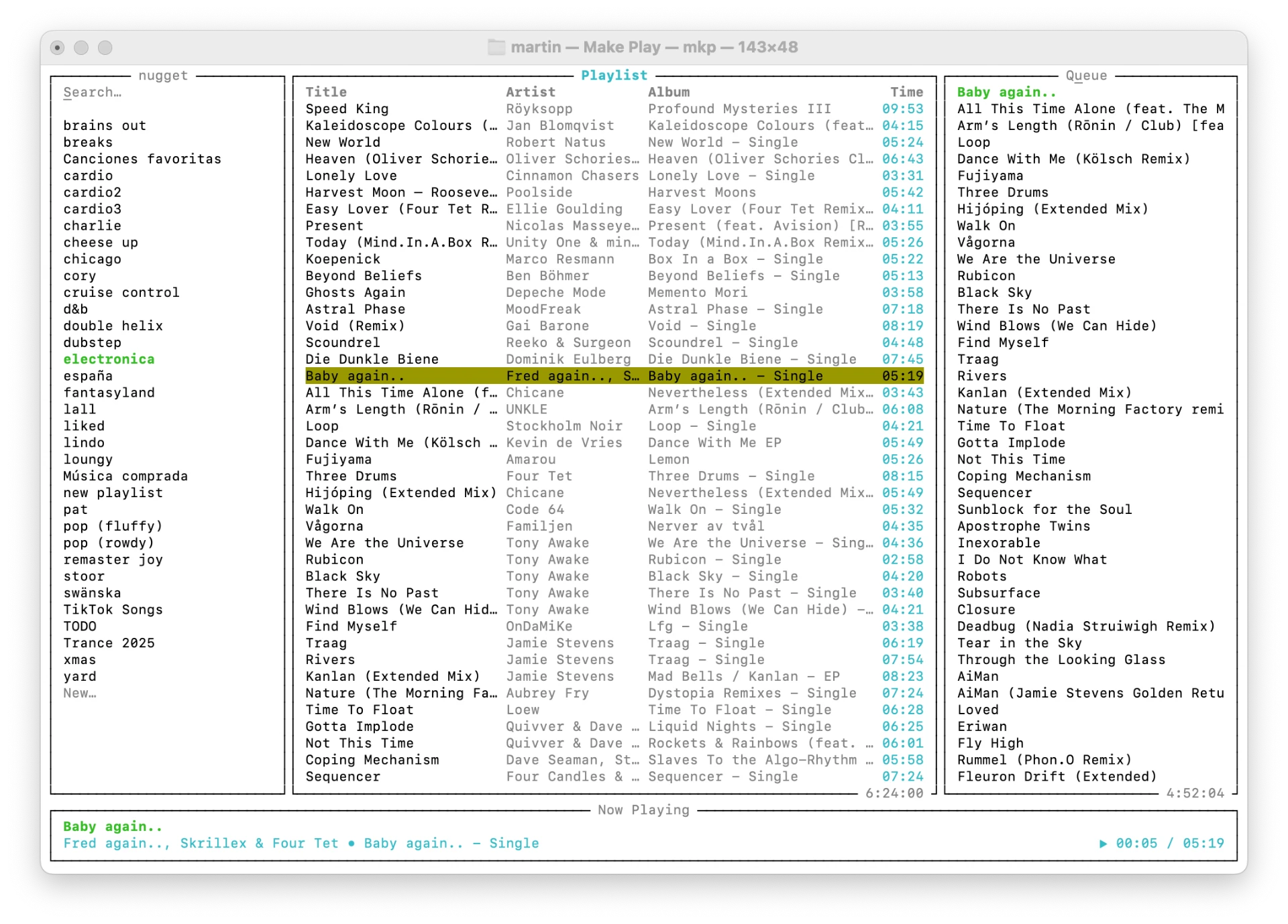 Make Play TUI in a light terminal theme with search and a longer queue
