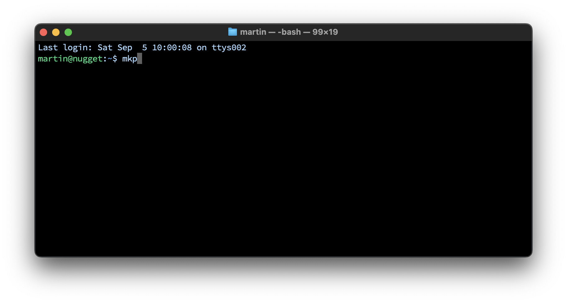 Terminal window with the mkp command typed at the prompt