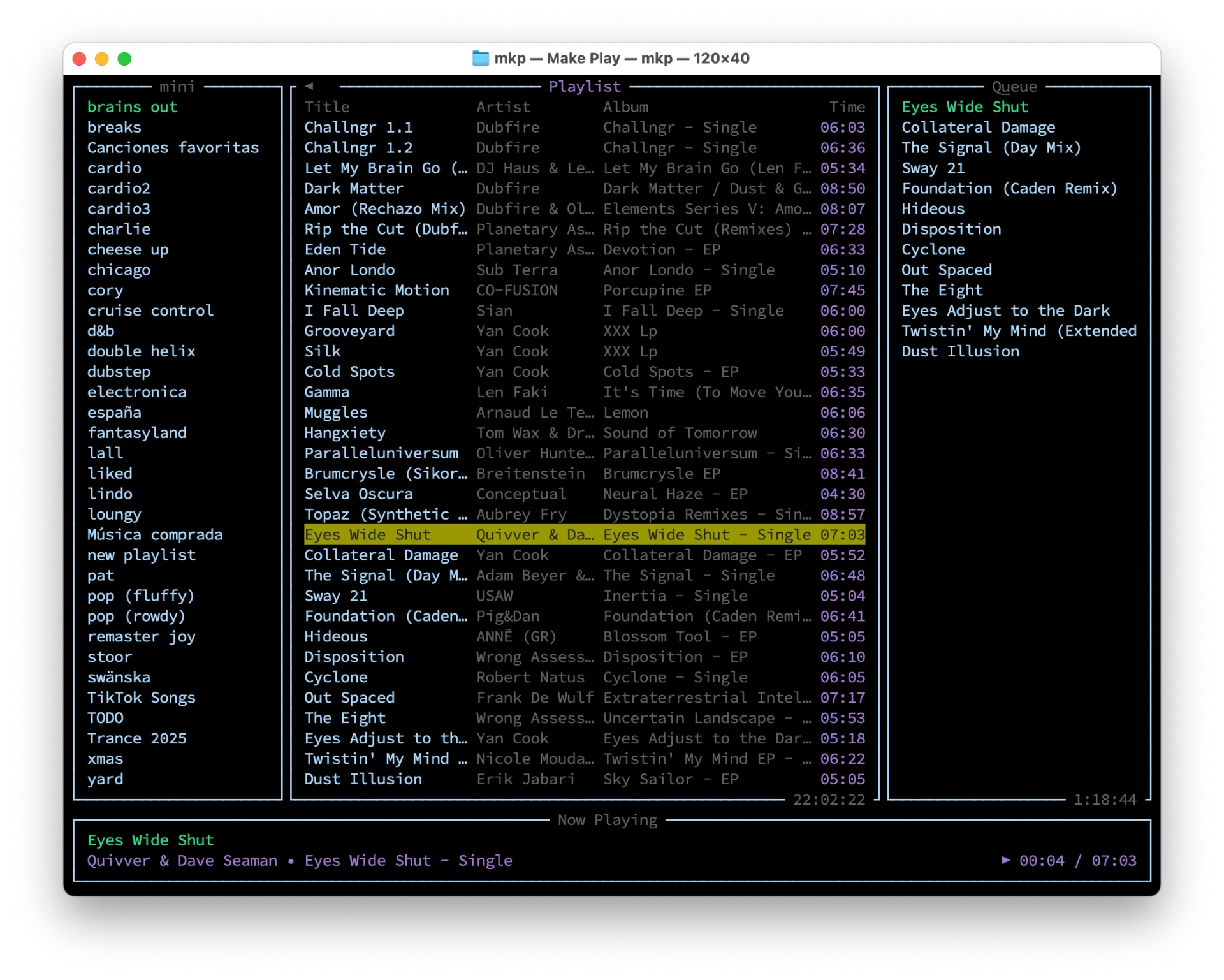 Make Play TUI in a dark terminal showing playlists, track list, queue and now playing