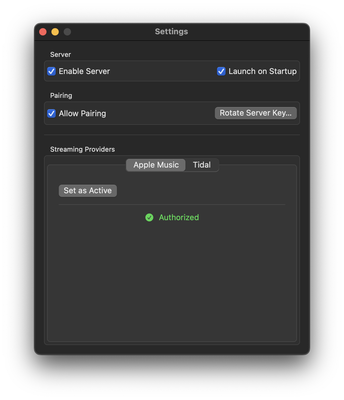 Make Play server settings with Apple Music authorised as the active provider