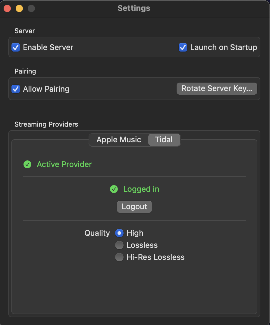 Make Play server settings logged in to a streaming provider