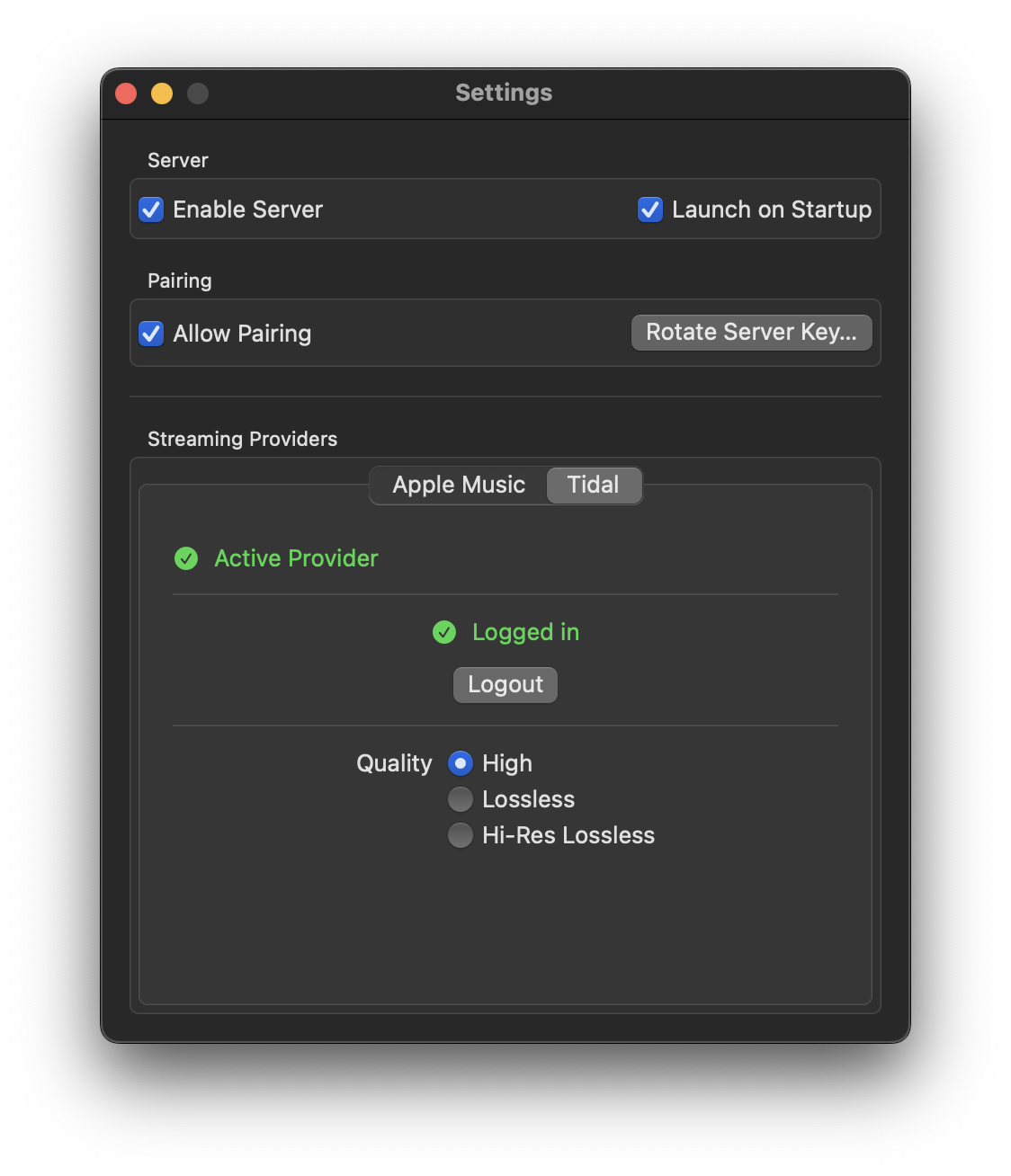 Make Play server settings with Tidal logged in and quality set to High