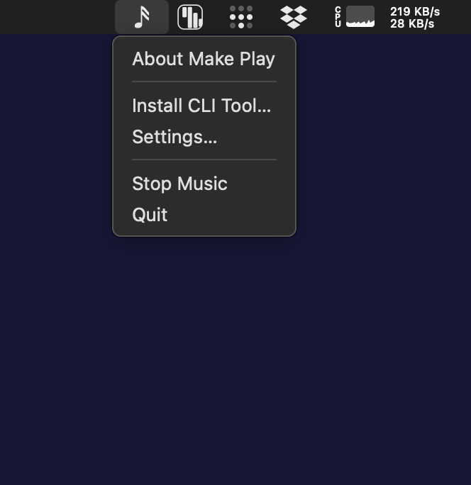 Make Play menu bar icon with About, Install CLI Tool, Settings, Stop Music and Quit